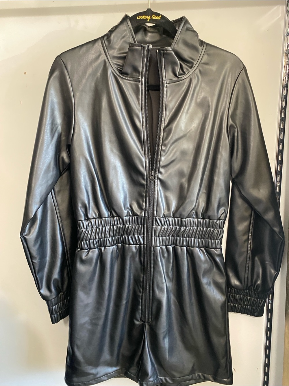 Women's Black Faux Leather Zip jumpsuit